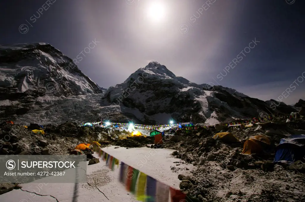 Asia, Nepal, Himalayas, Sagarmatha National Park, Solu Khumbu Everest Region, Everest Base Camp lit by moonlight