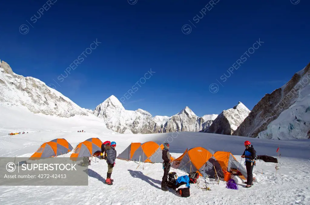 Asia, Nepal, Himalayas, Sagarmatha National Park, Solu Khumbu Everest Region, tents at Camp 1 on Mt Everest