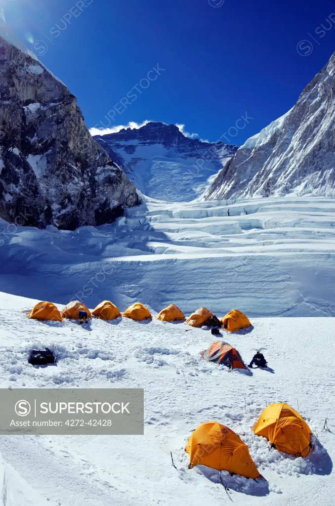 Asia, Nepal, Himalayas, Sagarmatha National Park, Solu Khumbu Everest Region, tents at Camp 1 on Mt Everest