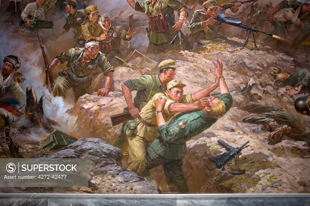 North Korea, Pyongyang, Friendship Tower. Paintings of American soliders being defeated by North Korean and Chinese armies in the Korean War