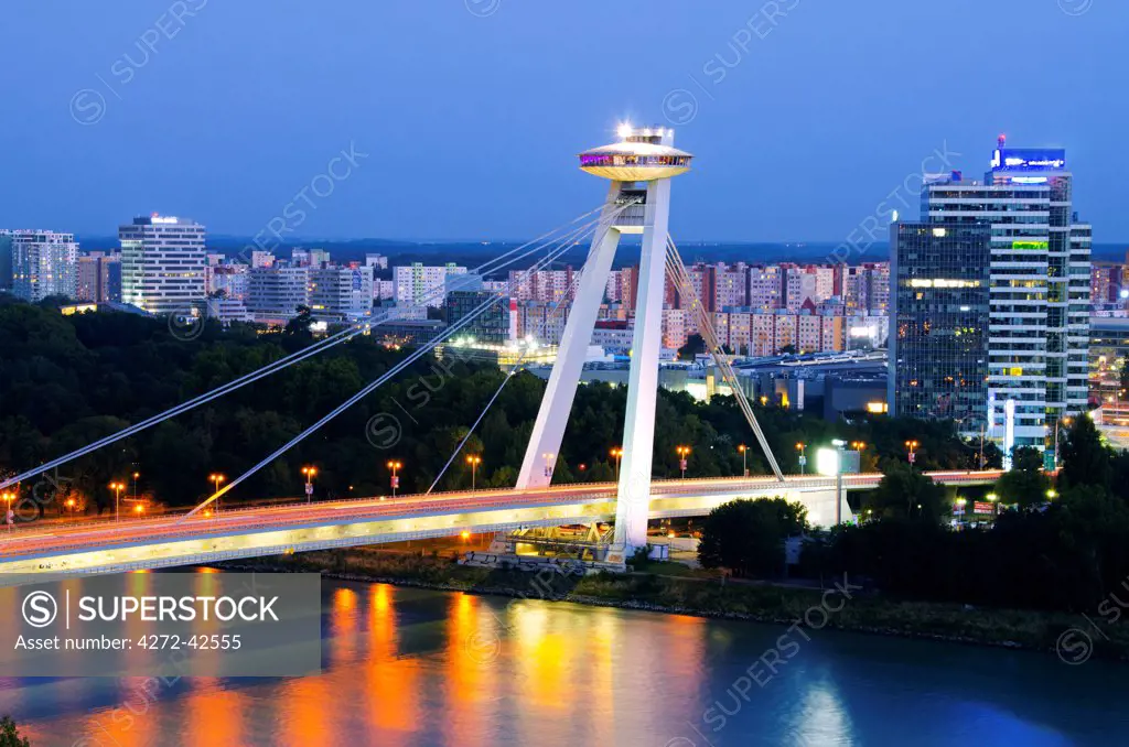 Europe, Slovakia, Bratislava, Novy Most Bridge and UFO viewing platform, Danube River