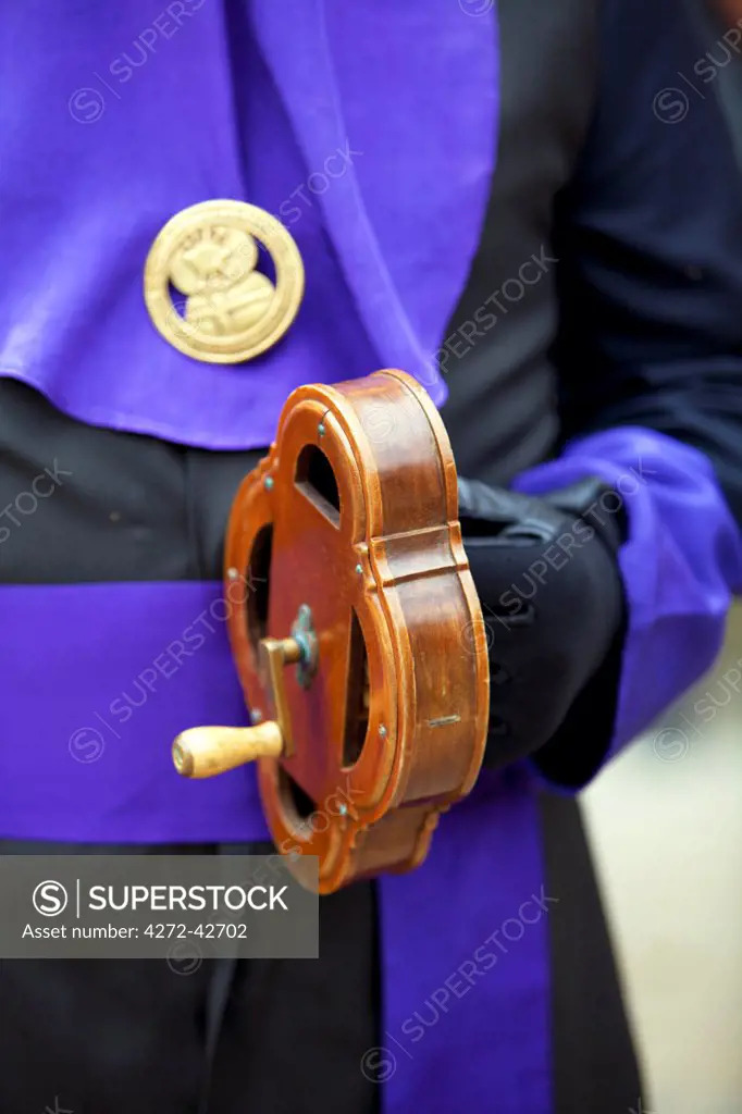 Santiago de Compostela, Galicia, Northern Spain, Detail of a special musical instrument which creates an eiree percussive sound , during Semana Santa