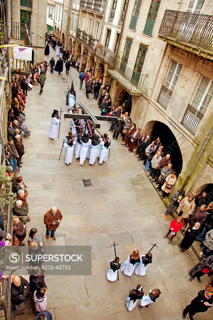 Santiago de Compostela, Galicia, Northern Spain, Elevated view of procession on Good Friday in the historic centre