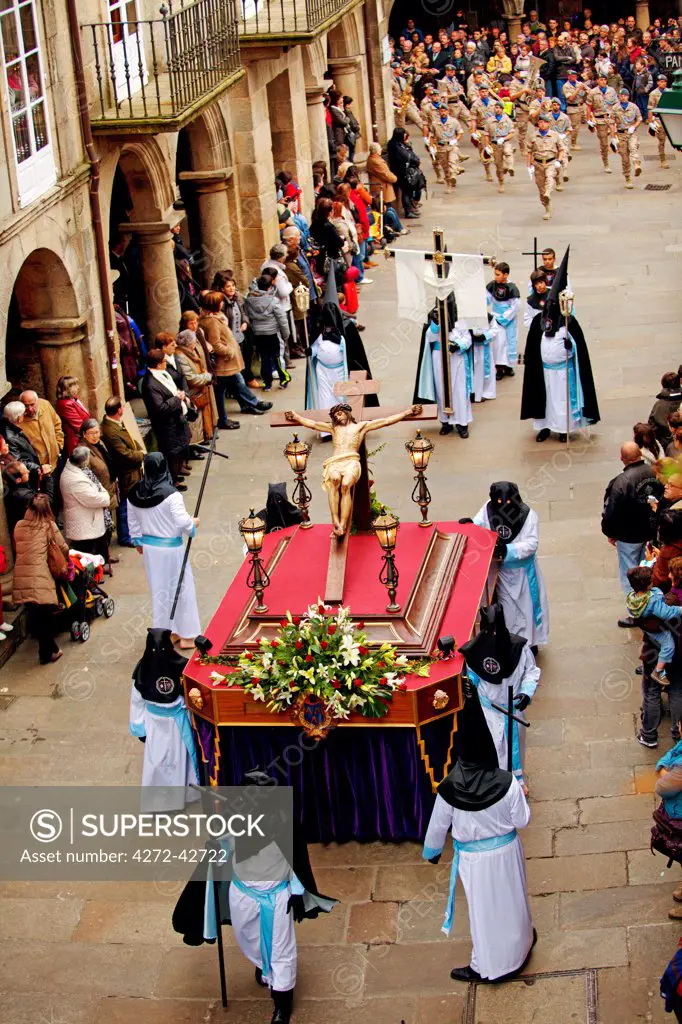 Santiago de Compostela, Galicia, Northern Spain, Elevated view of procession on Good Friday in the historic centre