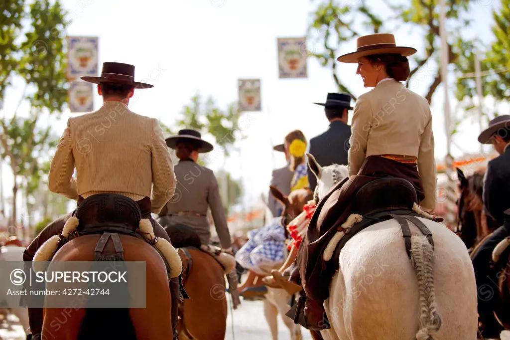 Seville, Andalusia, Spain, Horse riders during the Feria de Abril