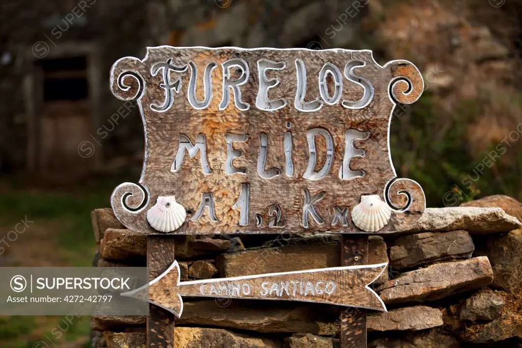 Spain, Galicia, Camino Frances, A sign of a small village on the Galician route of the Camino
