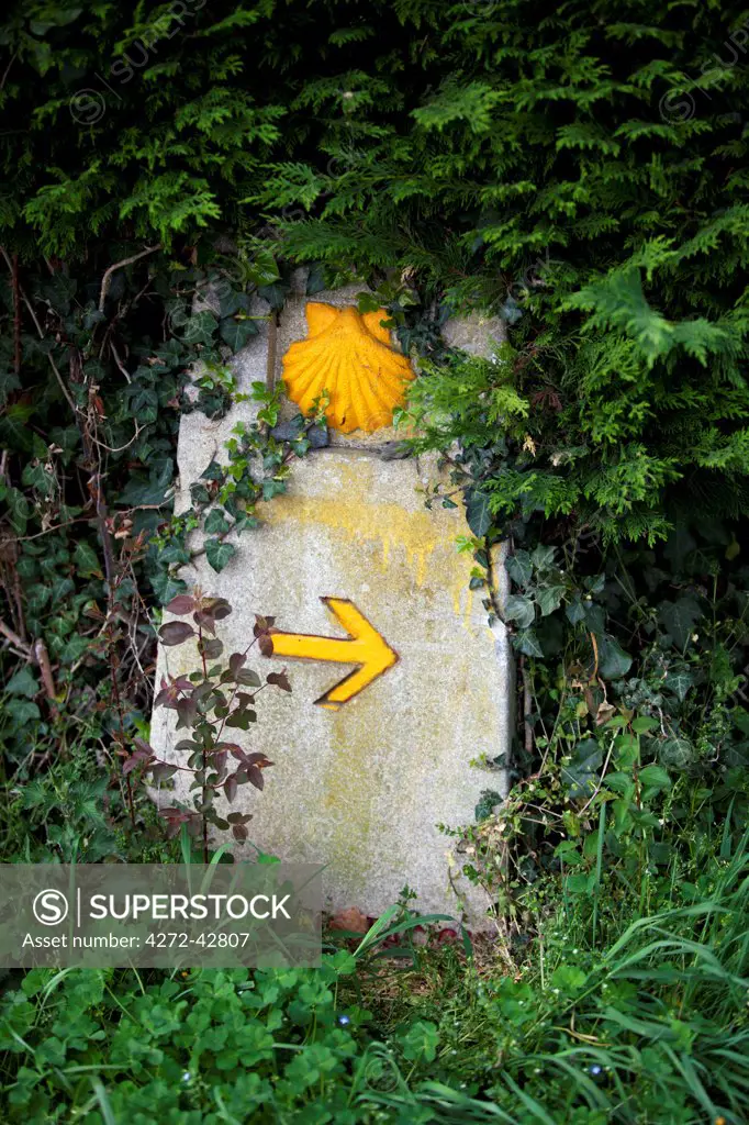 Spain, Galicia, Camino Frances, A stone sign on the Camino