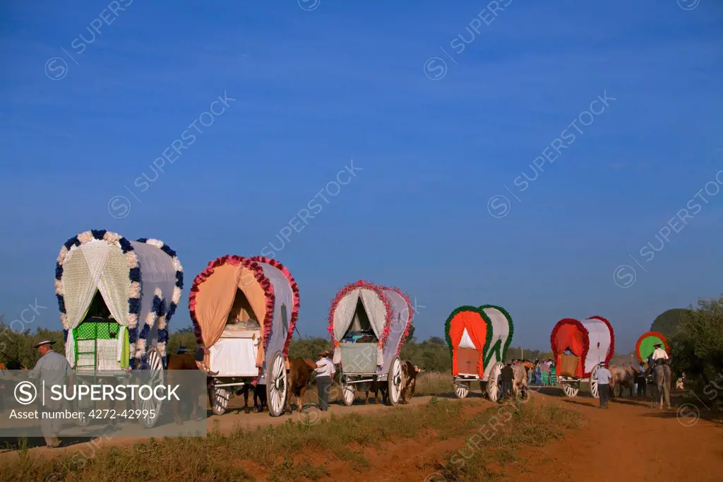 Seville, Andalusia   Huelva, Spain. Colourful wagons on the way to the village of El Rocio during the El Rocio Pilgrimage