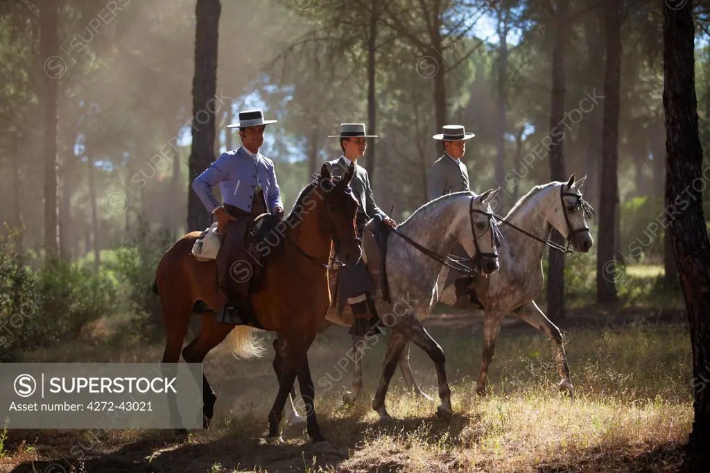 Huelva, Southern Spain. Romeros on horseback on their way to the village of El Rocio during the annual Romeria