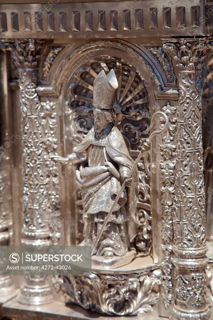 El Rocio, Huelva, Southern Spain. Detail of silver carved sculpture on a cart carried during the annual Romeria