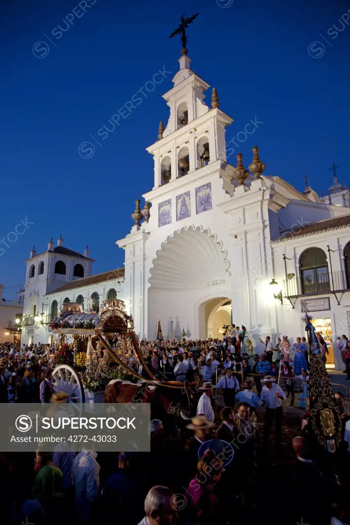 El Rocio, Huelva, Southern Spain. Believers attending the feast in front of the main church in the village of El Rocio during the annual Romeria