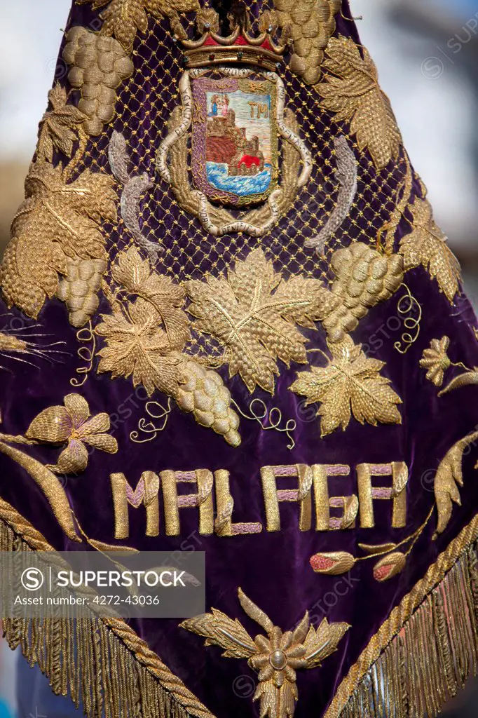 El Rocio, Huelva, Southern Spain. Banner with the symbols of Malaga representing one of the numerous brotherhoods which attend the annual Romeria El Rocio