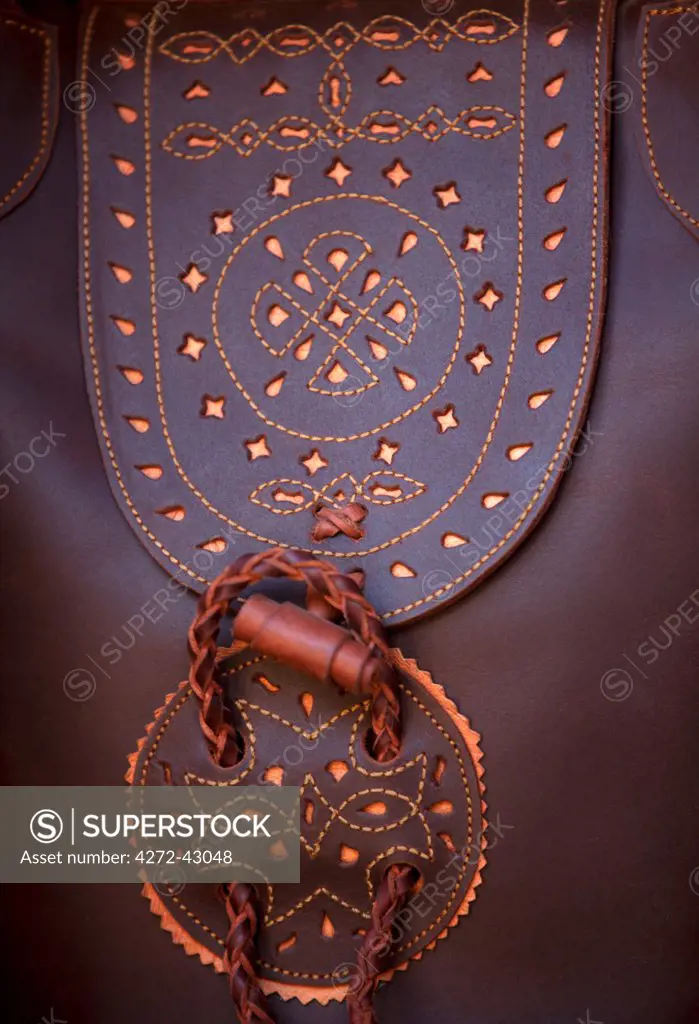 El Rocio, Huelva, Southern Spain. Detail of leather rucksack carried by participants of the annual Romeria el Rocio