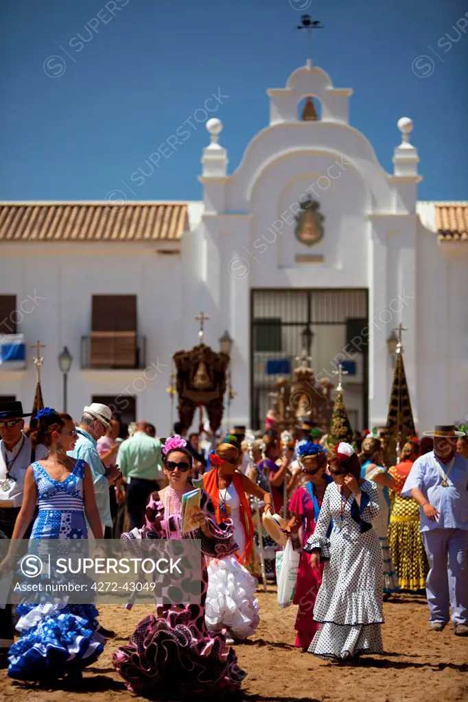 El Rocio, Huelva, Southern Spain. Romeros in traditional clothes in the village of El Rocio during the annual Romeria and Feast