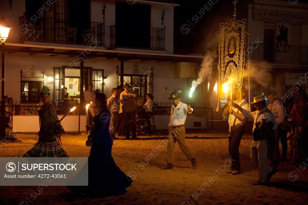 El Rocio, Huelva, Southern Spain. Members of brotherhoods in traditional clothes participating in the celebrations on the eve of the feast of El Rocio held at the small village in the Huelva region