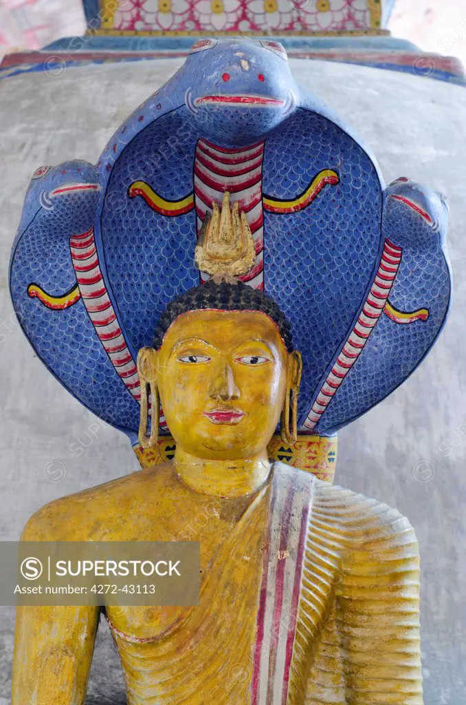 Sri Lanka, North Central Province, Dambulla, Golden Temple, UNESCO World Heritage Site, Royal Rock Temple, Buddha statue with Cobra headpiece in Cave 2