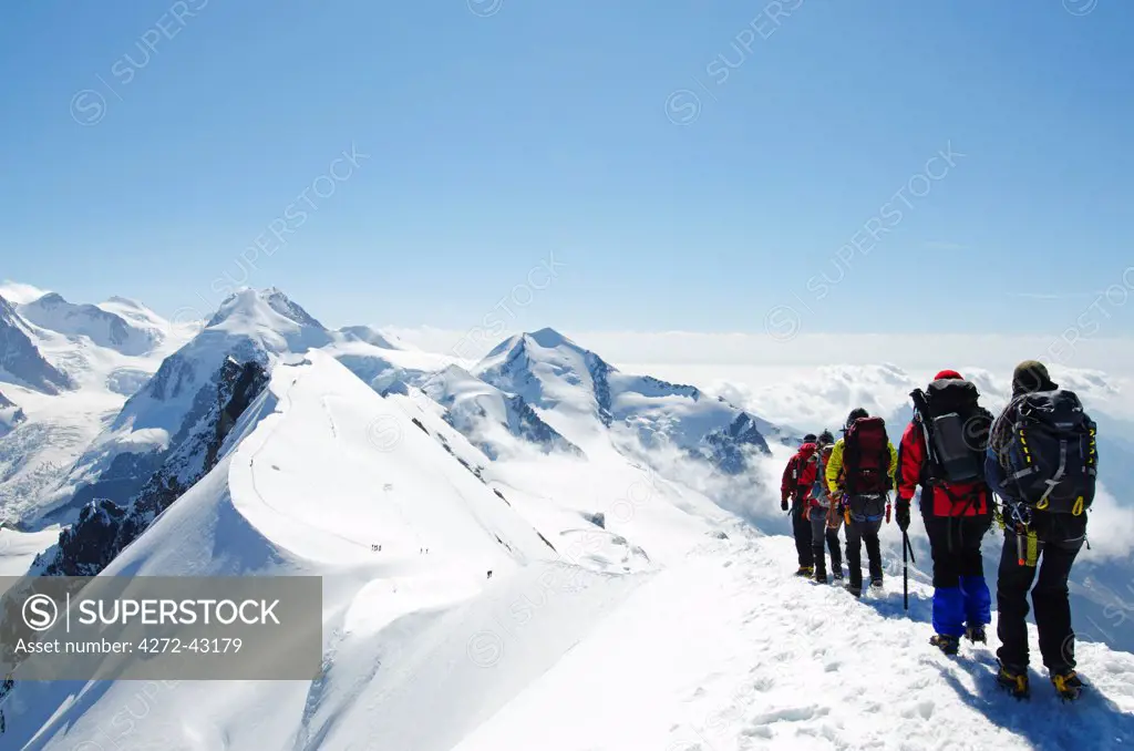 Europe, Switzerland, Swiss Alps, Valais, Zermatt, climbers on Breithorn mountain , 4164m,