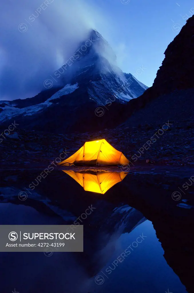 Europe, Switzerland, Swiss Alps, Valais, Zermatt, camping at a lake near The Matterhorn , 4478m,