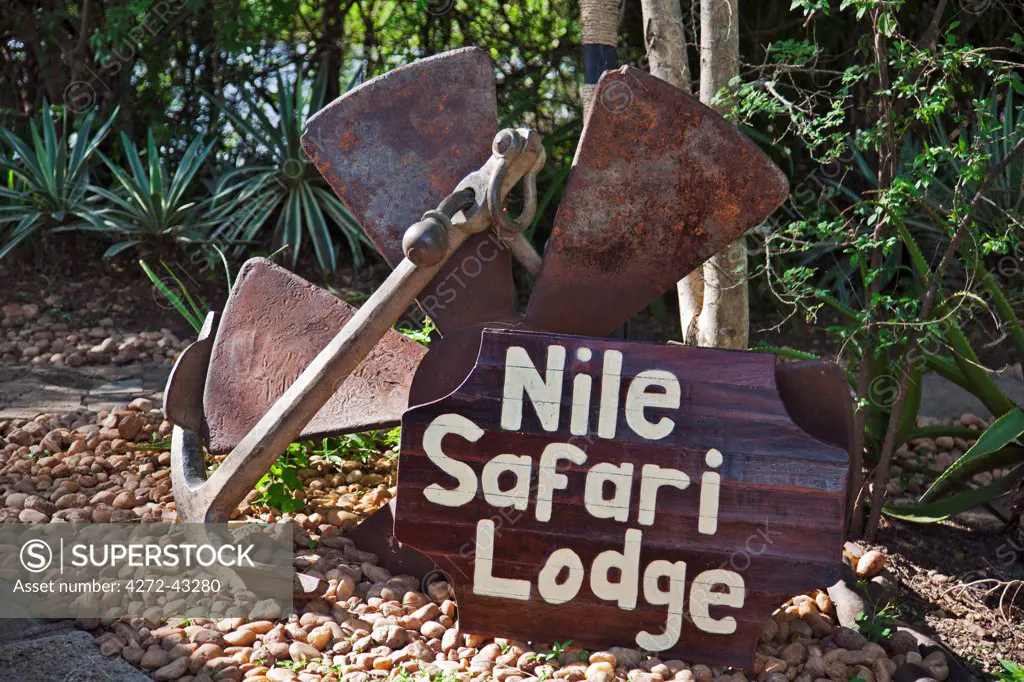 The sign board of the attractive Nile Safari Lodge which is situated on the banks of the Victoria Nile just outside Murchison Falls National Park, Uganda, Africa