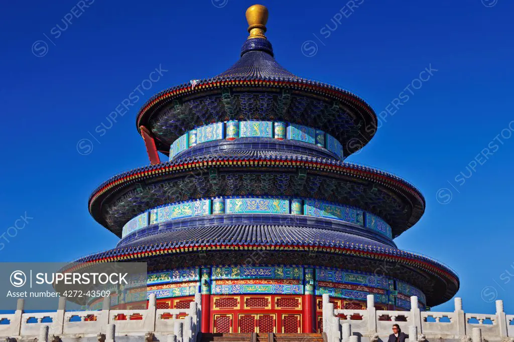 View from below of the Hall of Prayer for Good Harvests in the Temple of Heaven Tian Tan Complex, Beijing, China.
