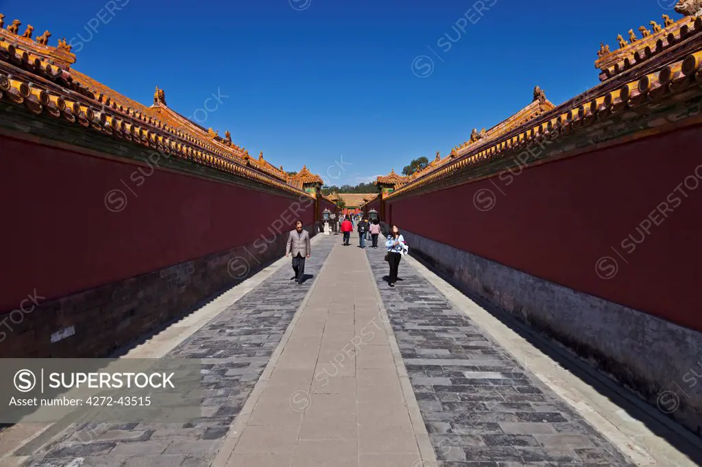 The alleyway between the Hall for Practicing Ta Ji Chuan, The Cahngchun Palace and the Xianfu Palace on the left and the Palace of Accumulated Elegance Hall of Longevity and the hall of Assistance to Officials on the right in the Forbidden City, Beijing, China.