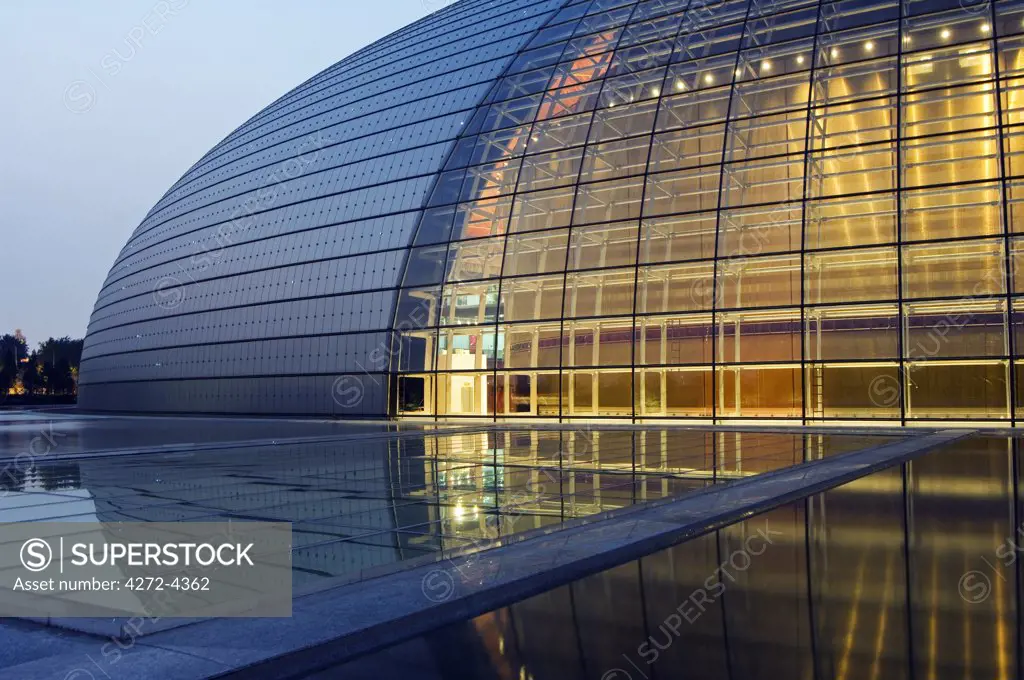 China, Beijing. The National Grand Theatre Opera House also known as The Egg designed by French architect Paul Andreu and made with glass and titanium (opened Sept 25th 2007).