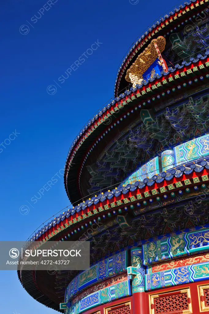 View from below of the roof eaves details of the Hall of Prayer for Good Harvests in the Temple of Heaven Tian Tan Complex, Beijing, China.