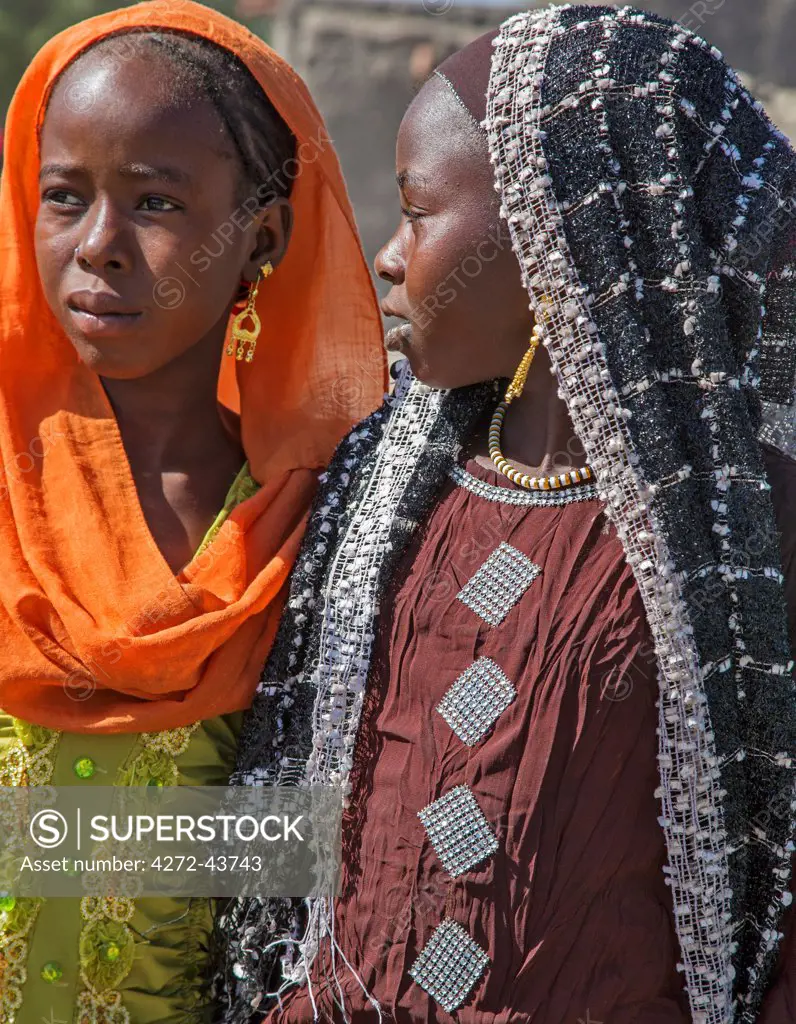 Chad, Kanem, Bahr el Ghazal, Sahel. Two Muslim girls of the Kanembu tribe at a village along the Bahr el Ghazal.