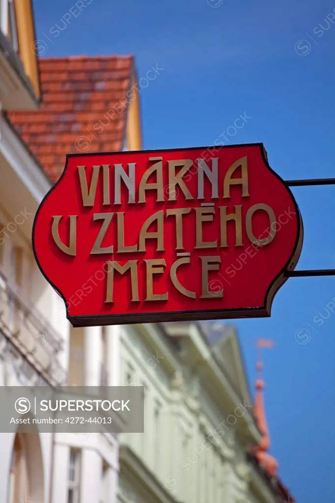 Brno, Moravia, Czech Republic. Sign outside a pub in the city centre