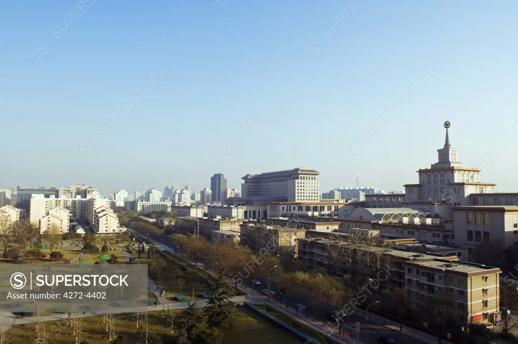 China, Beijing. A panoramic view of Beijing and the Military Museum.