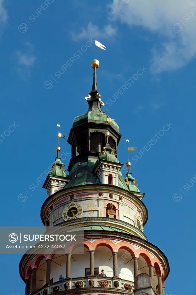 Central and Eastern Europe, Czech Republic, South Bohemia, Cesky Krumlov. Detail of the Tower of the Castle.