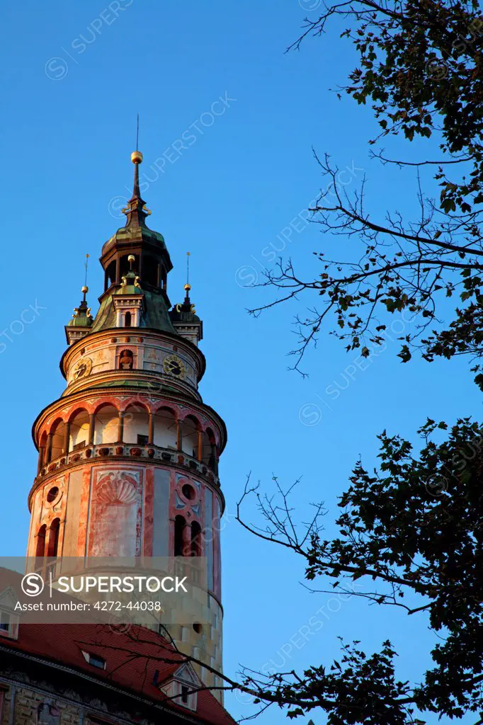 Central and Eastern Europe, Czech Republic, South Bohemia, Cesky Krumlov. Detail of the Tower of the Castle.