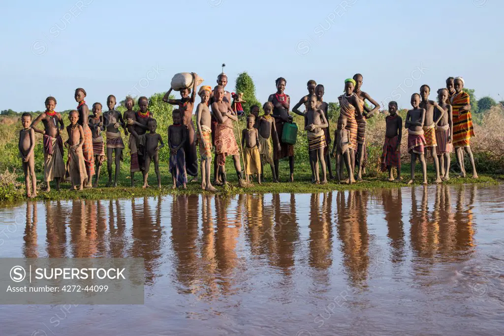 Dassanech villagers line the banks of the Omo River, Ethiopia