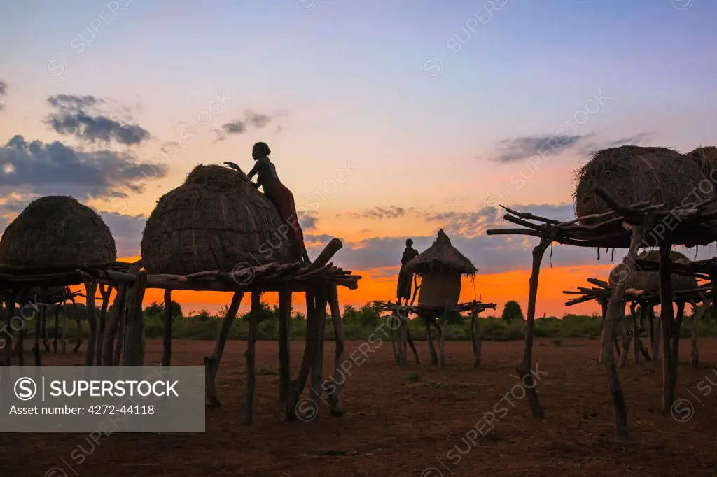 Dawn at the granaries of a Dassanech village in the Omo Delta, Ethiopia