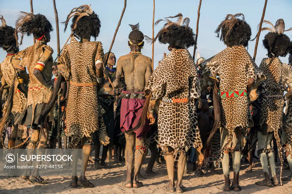 Dassanech men and their wives dressed in ceremonial regalia participate in a Dimi dance, Ethiopia