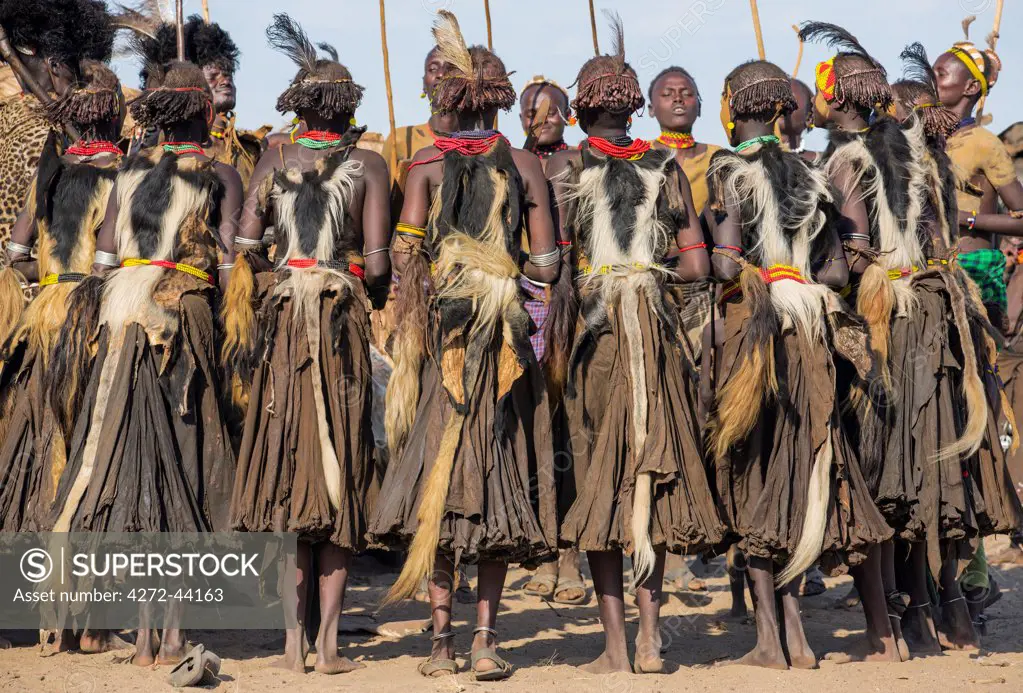 Dassanech men and their wives dressed in ceremonial regalia participate in a Dimi dance, Ethiopia