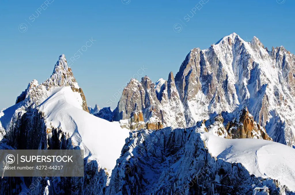 Europe, France, French Alps, Haute Savoie, Chamonix, view of Aiguilles du Dru from Aiguille du Midi