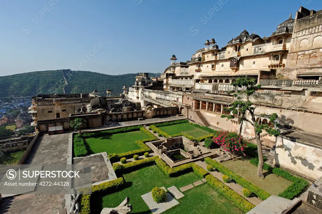 India, Rajasthan, Bundi. The small formal gardens of the Ummed Mahal, a small palace containing the Chitrasala with its celebrated wall muralss.