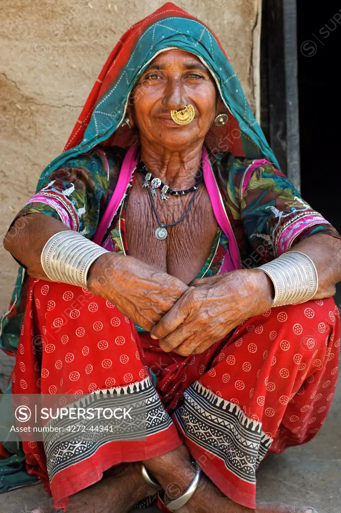 India, Rajasthan, Rohet. A Bishnoi woman; the Bishnoi, or Vishnoi, are a distinctive conservation minded Hindu sect founded in the 15th century who adhere to strict tenets.