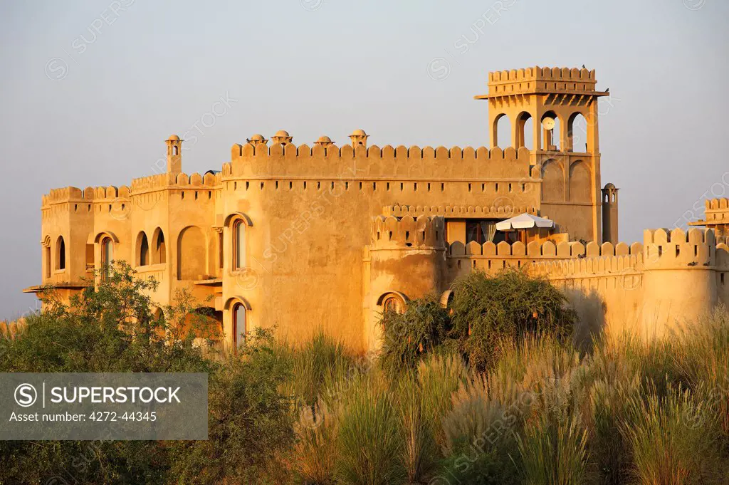 India, Rajasthan, Rohet, Mihir Garh. Mihir Garh, or Sun Fort, is a luxury hotel built to resemble a medieval Rajput fortress.