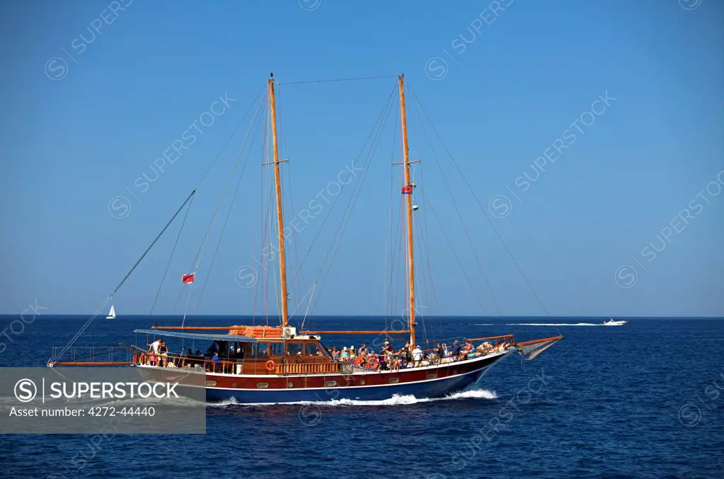 Mediterranean Europe, Malta. A wooden boat touring the coast of the islands