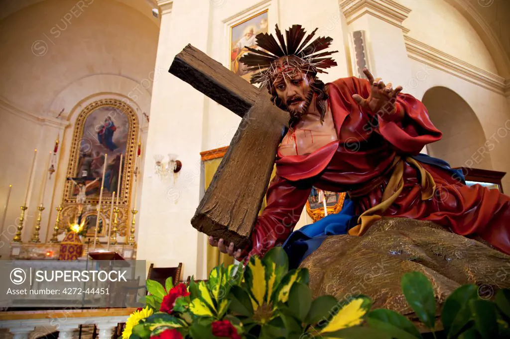Mediterranean Europe, Malta. Typical sculpture of the passion of Christ, known as the redeemer in a church