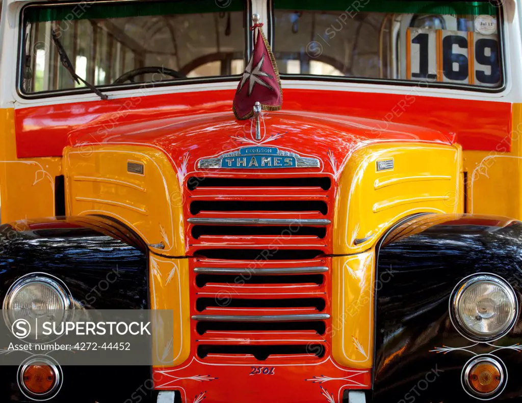 Mediterranean Europe, Malta. Detail of front of an old bus