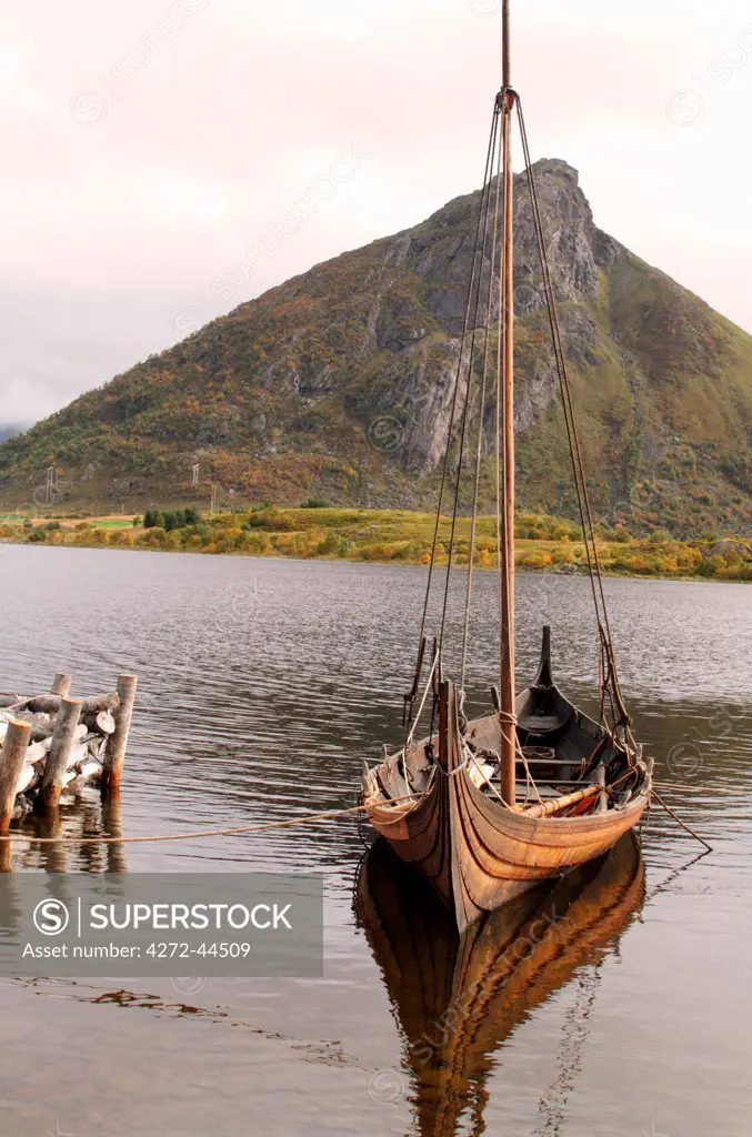 Reconstructed Viking ship, Femkeipingen, at the Lofotr Viking Museum at Borg on the island of Vestvagoy in the Lofoten Islands, Norway