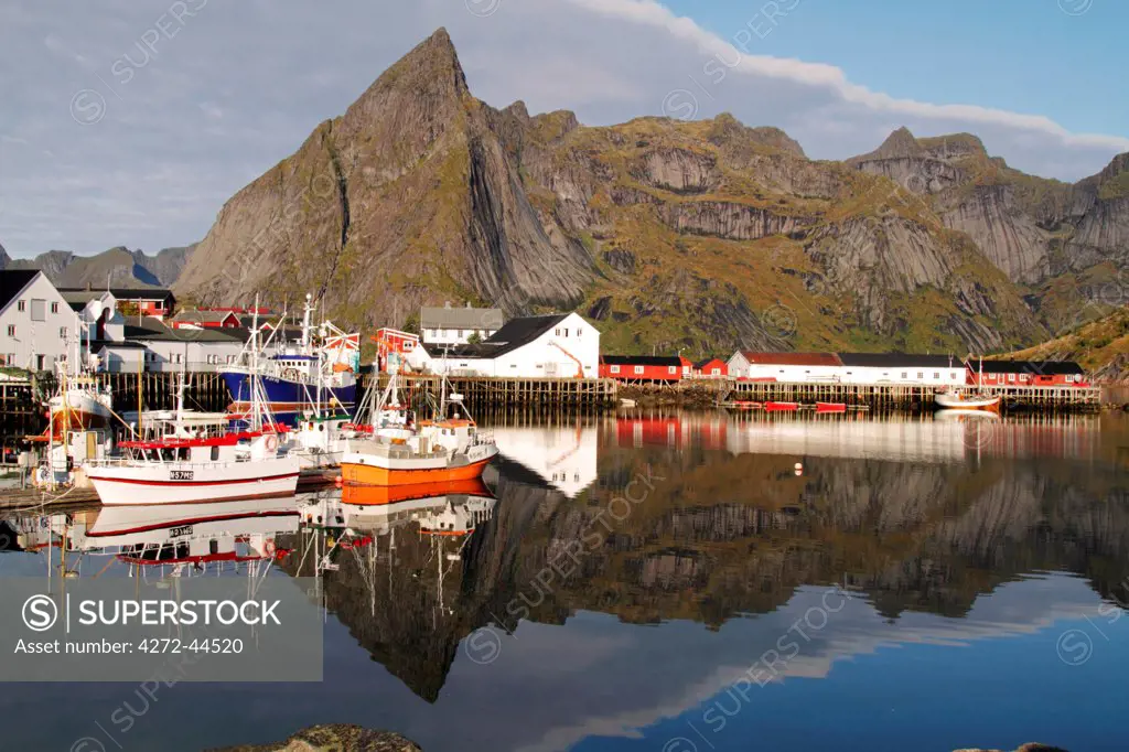 Fishing boats moored in the harbour at Hamnoy, Lofoten Islands, Norway