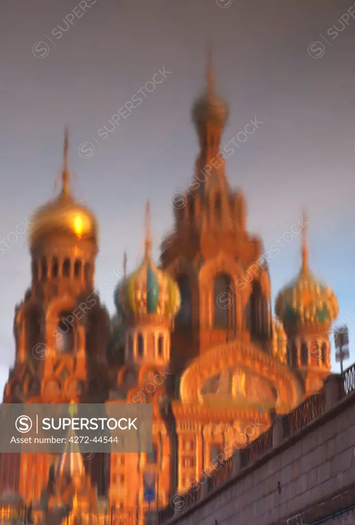 Russia, St.Petersburg. Reflection of the church on Spilled blood