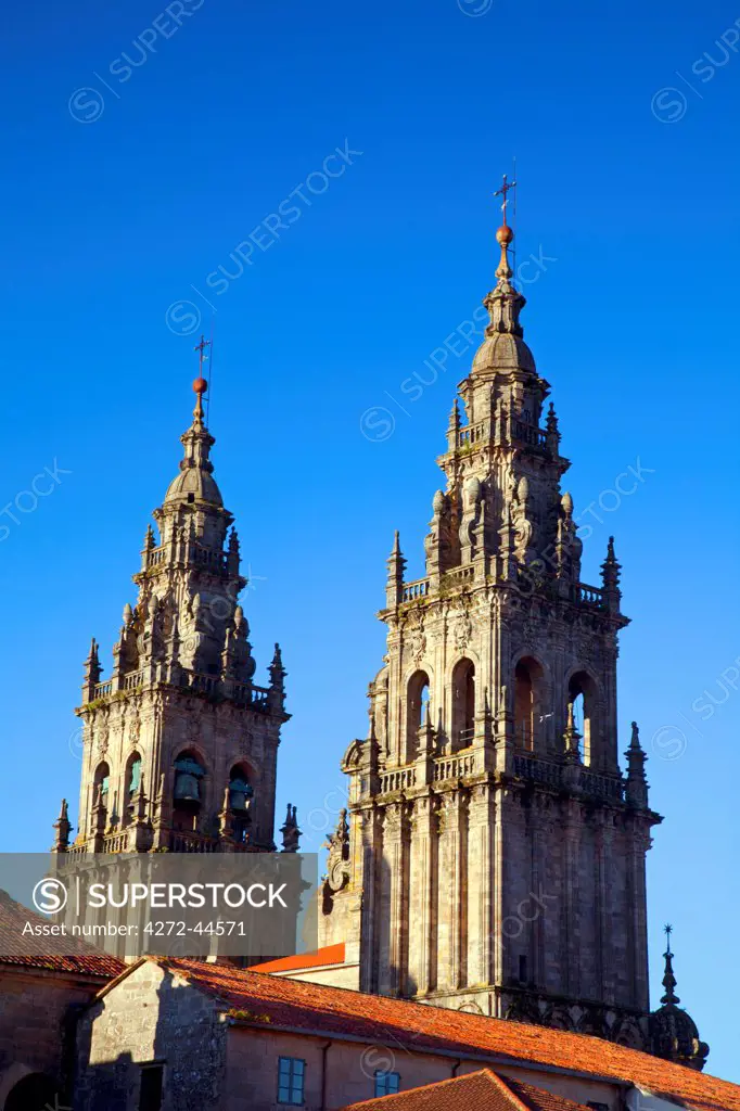 Spain, Galicia, Santiago de Compostela. The two towers of the Catedral de Santiago de Compostela.UNESCO