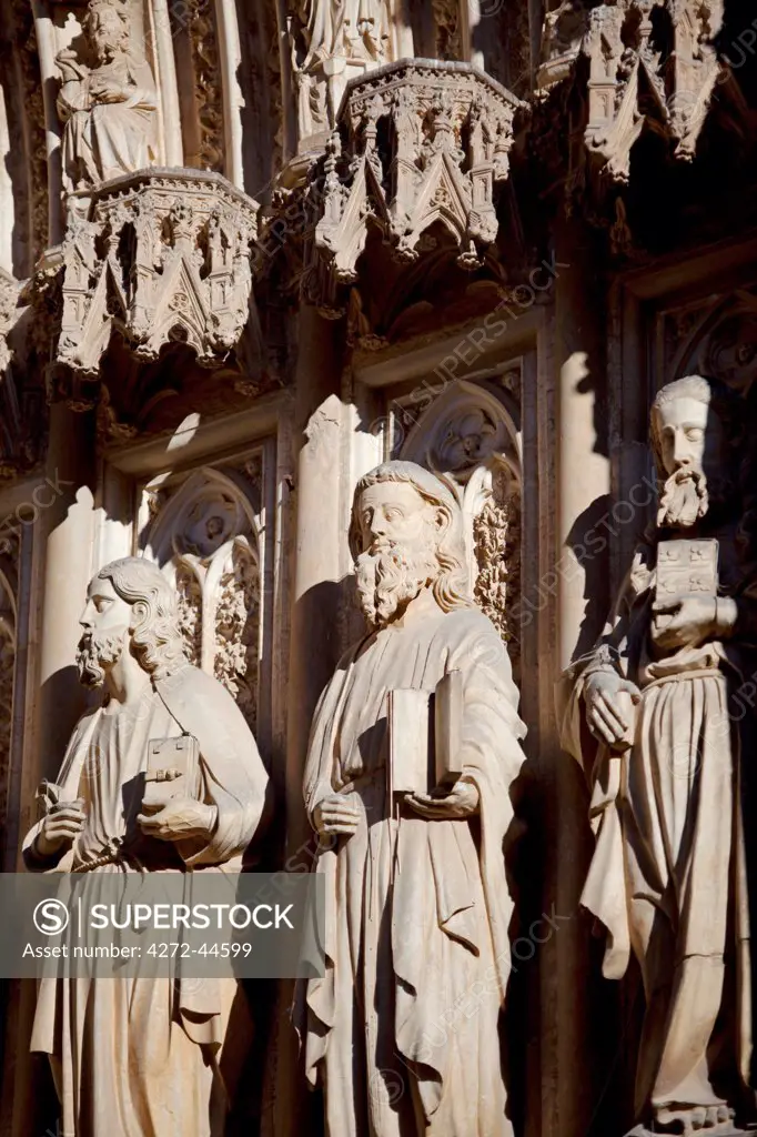 Spain, Toledo. Detail of statues on the Cathedral facade. UNESCO