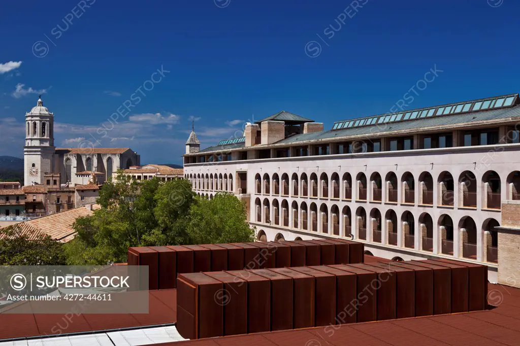 View from above of the University of Girona Faculty with the Cathedral of Saint Mary of Girona in the background