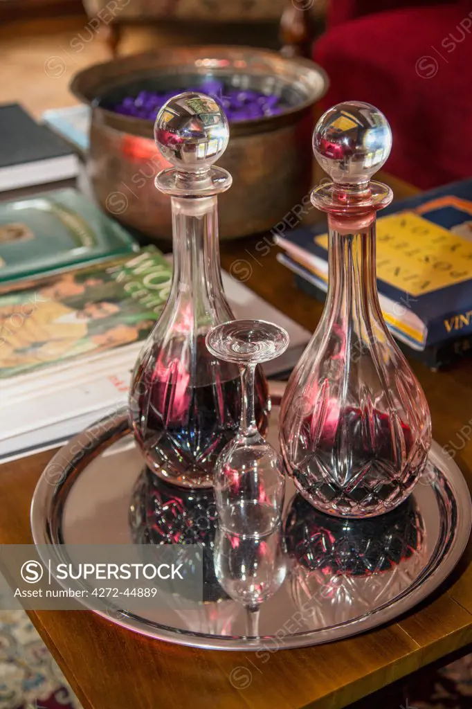 Port decanters at Norwood Bungalow, which is a luxurious small hotel situated within the tea estates of Hatton, Sri Lanka